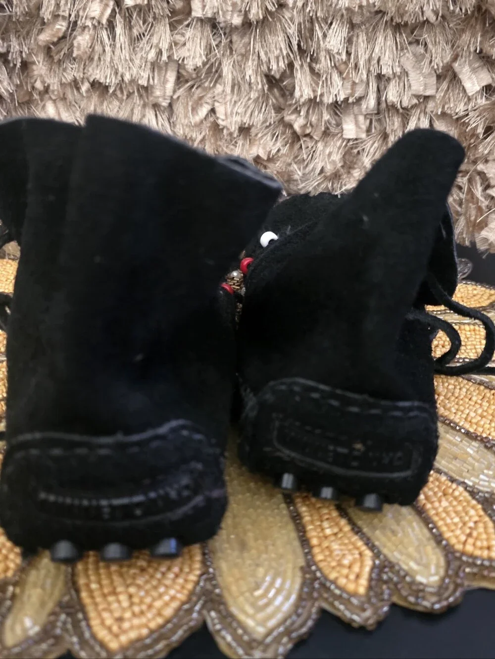Black Suede Fringe Moccasin Sandals with Color Beads - Picture 3 of 4